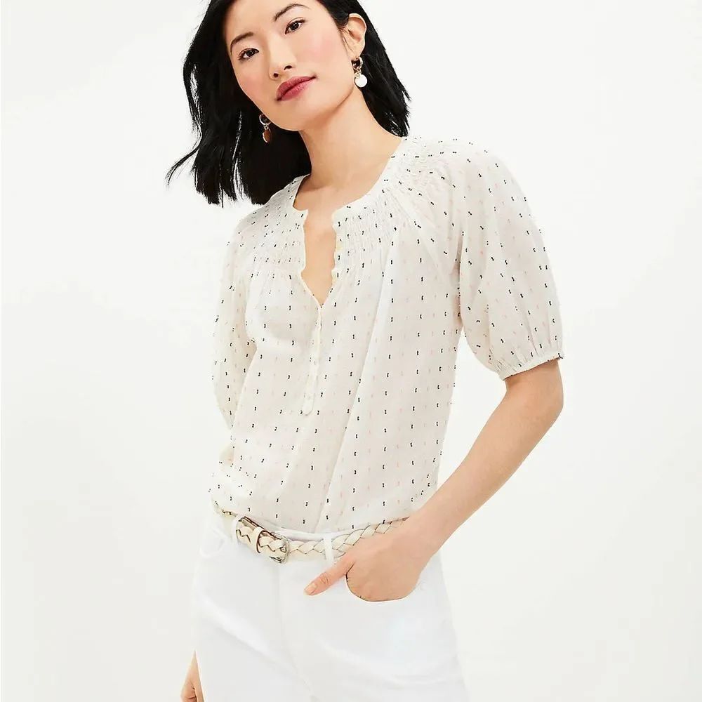 LOFT Clip Smocked Button Top. Size Small